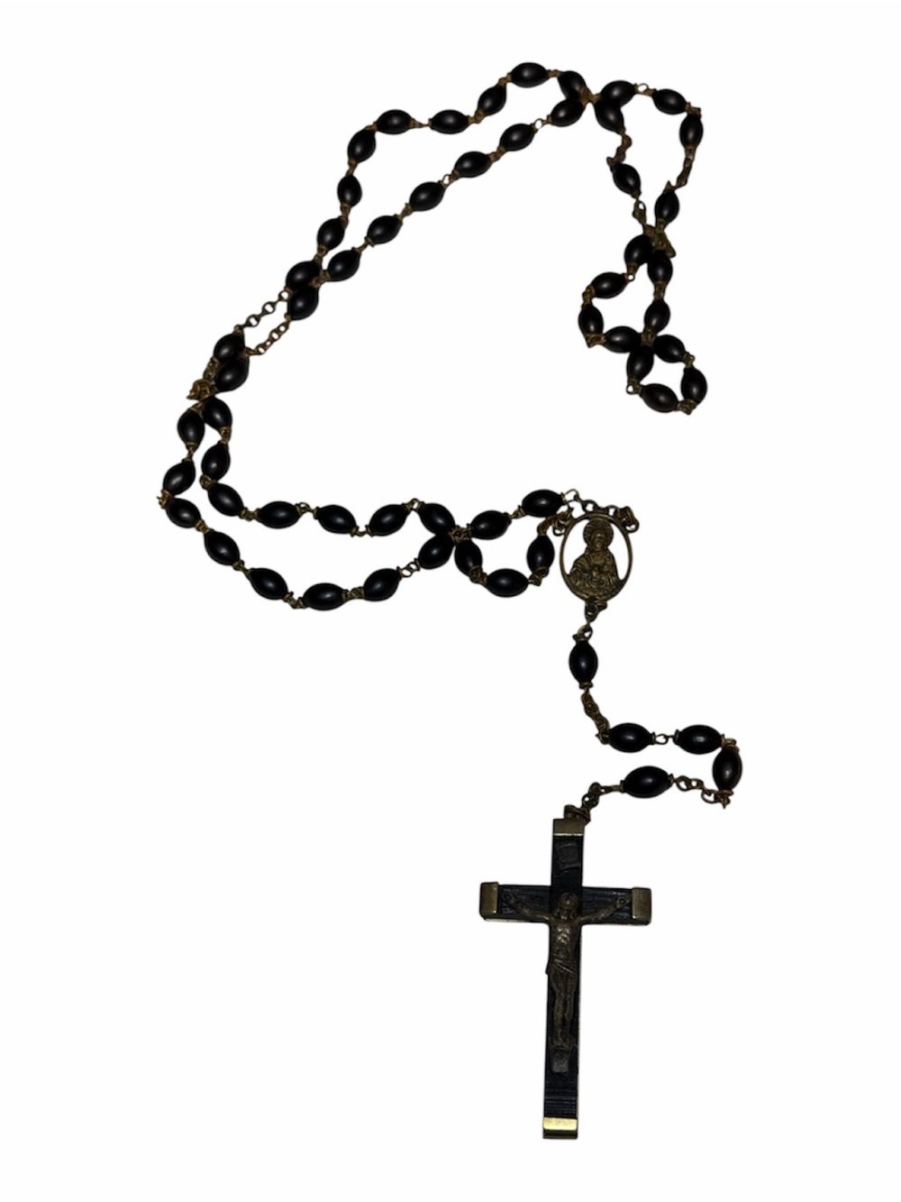 Vintage Ebony Italian Black Bead Rosary Necklace - Classic Religious Cross